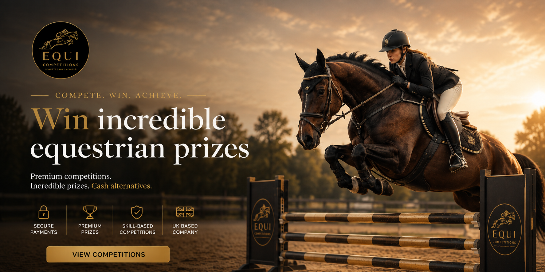 Compete, win, achieve — win incredible equestrian prizes. Premium competitions, incredible prizes, cash alternatives. Secure payments, premium prizes, skill-based competitions, UK based company. View Competitions.